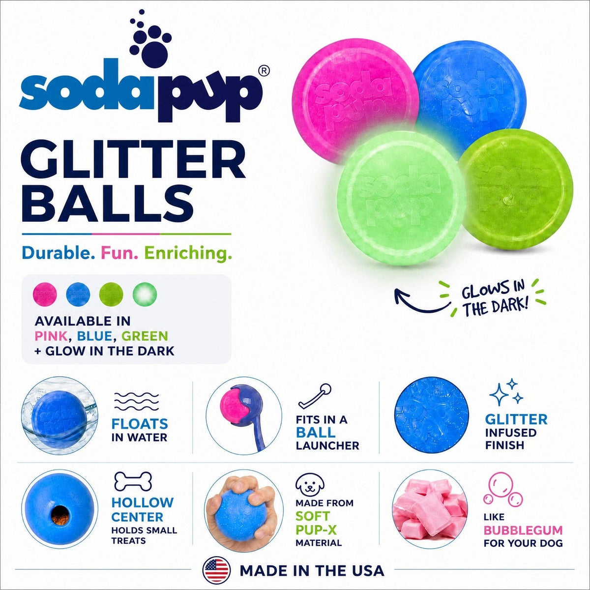 SodaPup Dog Toys - Glitter Ball 3-Pack Dog Toy | Soft PUP-X Rubber Floating Fetch Ball with Treat Dispenser | USA Made