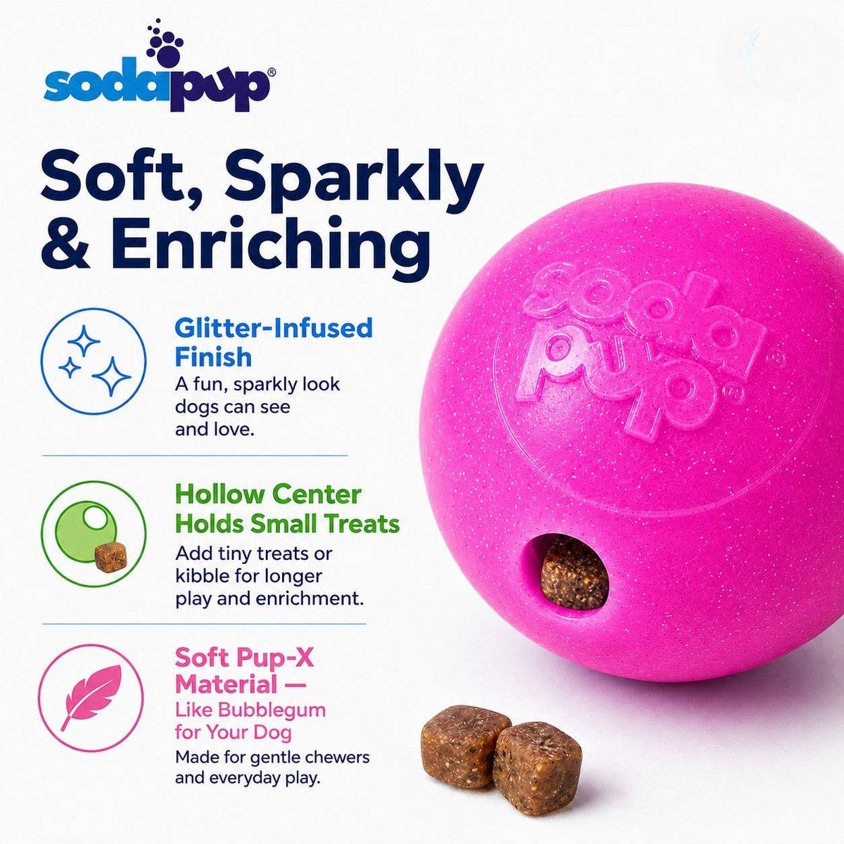 SodaPup Dog Toys - Glitter Ball 3-Pack Dog Toy | Soft PUP-X Rubber Floating Fetch Ball with Treat Dispenser | USA Made