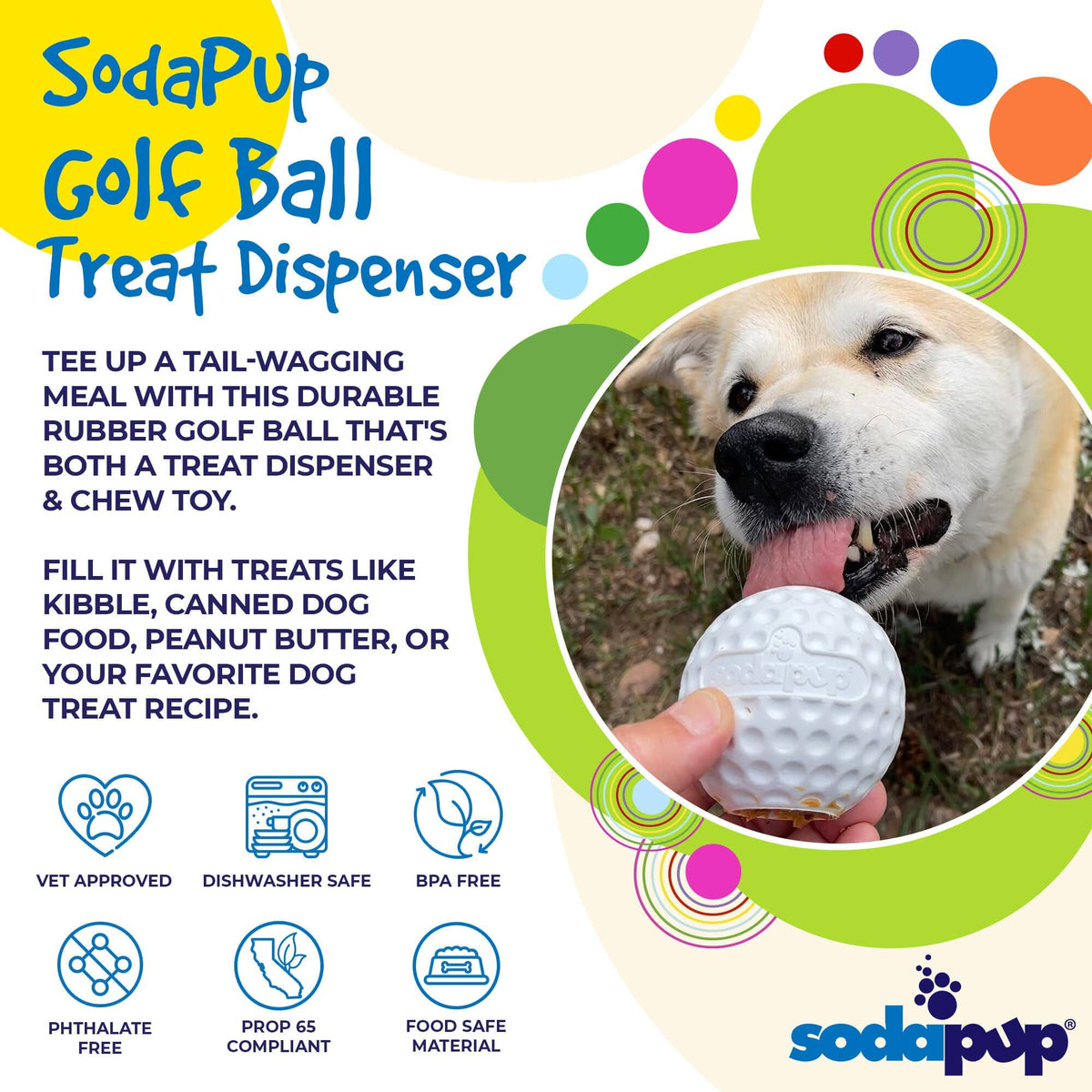 SodaPup Dog Toys - Golf Ball Rubber Dog Chew Toy | Floating Treat Dispenser | USA Made