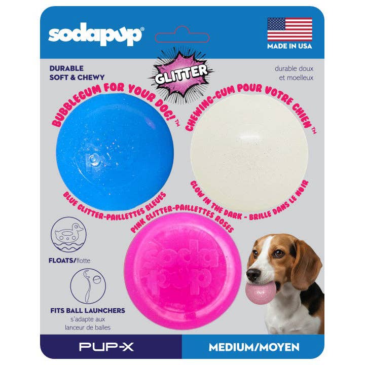 SodaPup Dog Toys - Glitter Ball 3-Pack Dog Toy | Soft PUP-X Rubber Floating Fetch Ball with Treat Dispenser | USA Made
