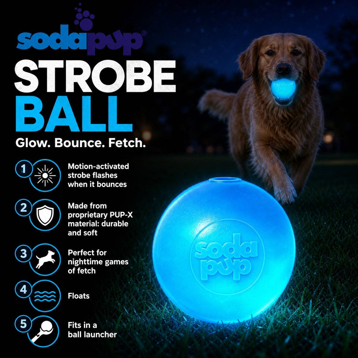 SodaPup Dog Toys - Strobe Ball Light-Up Dog Toy - Durable Floating Chew Ball | Made in USA